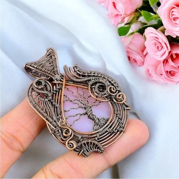 Rose Quartz Pendant Handmade Copper Wire Wrapped Necklace - Picture 2 of 7